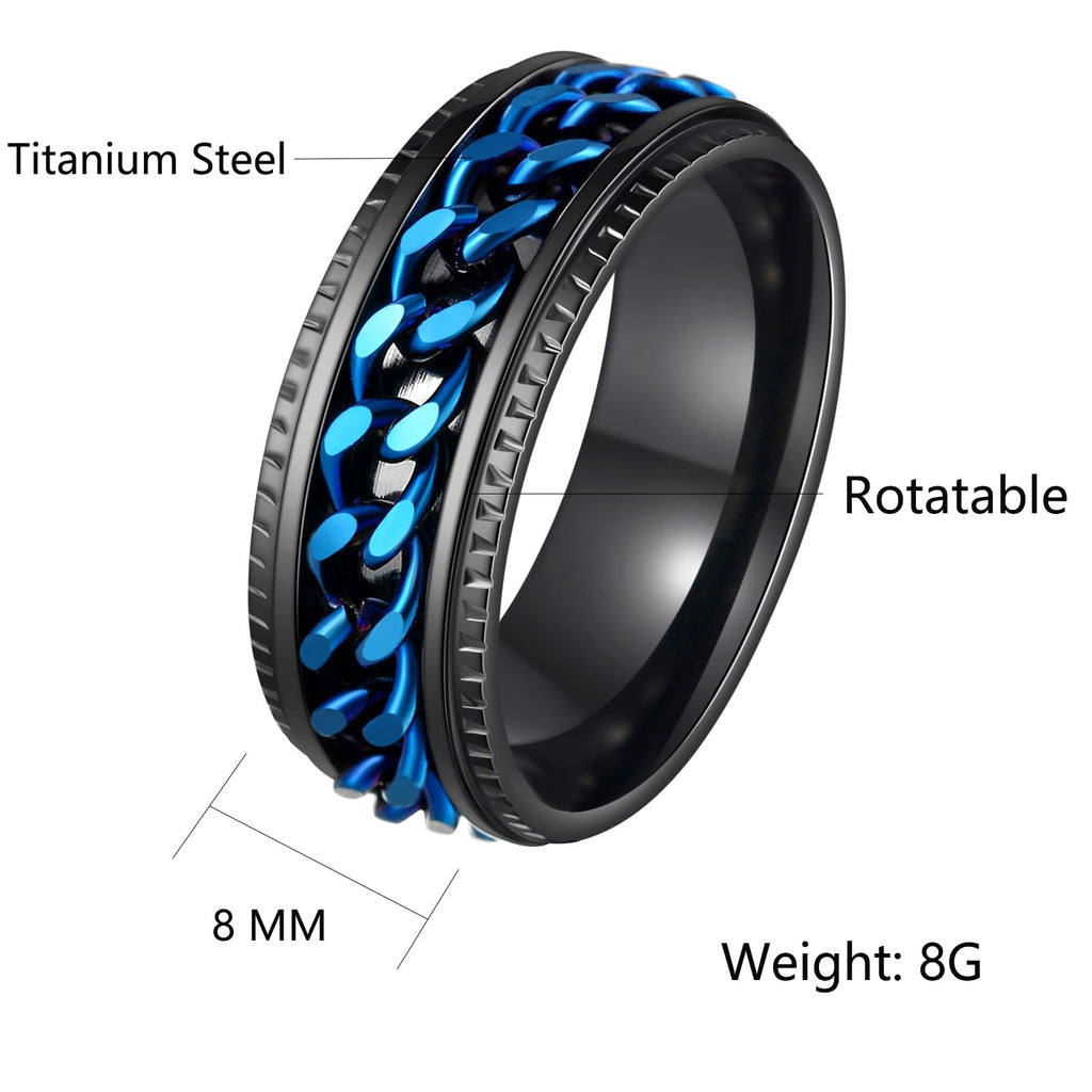 Udolfly Men's Fidget Ring – Anxiety Spinner Ring with Spinning Chain in Titanium Stainless Steel, Size 11, 8mm Wide