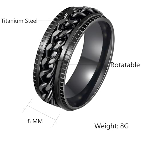 Udolfly Men's Fidget Spinner Ring – 8mm Titanium Stainless Steel with Rotating Chain, Stress Relief for Adults, Gift for Dad