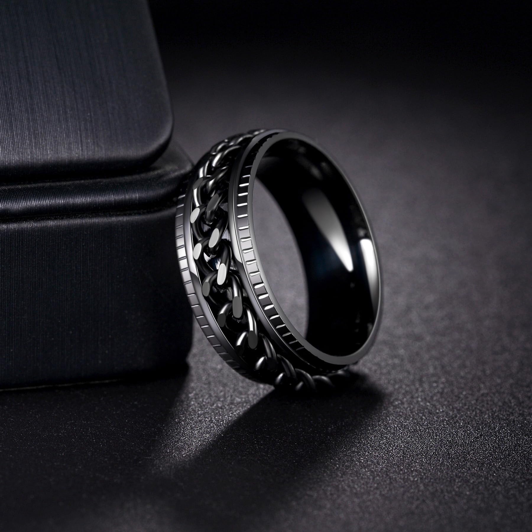 Udolfly Men's Fidget Spinner Ring – 8mm Titanium Stainless Steel with Rotating Chain, Stress Relief for Adults, Gift for Dad