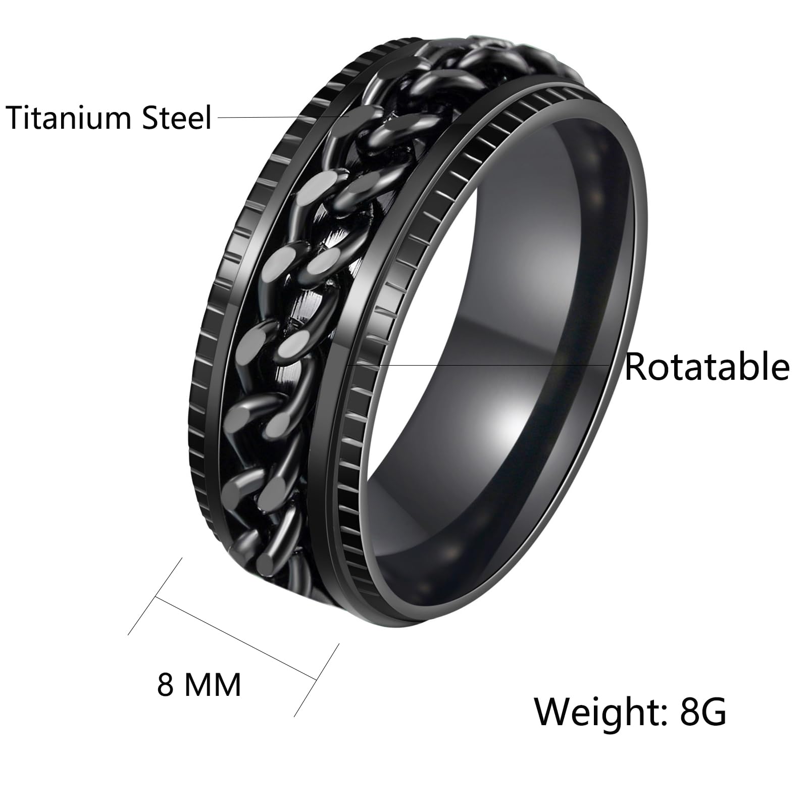 Udolfly Men's Fidget Spinner Ring – 8mm Titanium Stainless Steel with Rotating Chain, Stress Relief for Adults, Gift for Dad