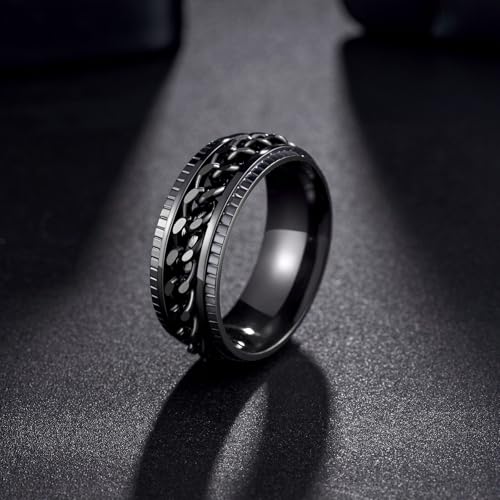 Udolfly Men's Fidget Spinner Ring – Titanium Stainless Steel Chain Ring for Anxiety Relief, 8mm Wide, Size 5-14
