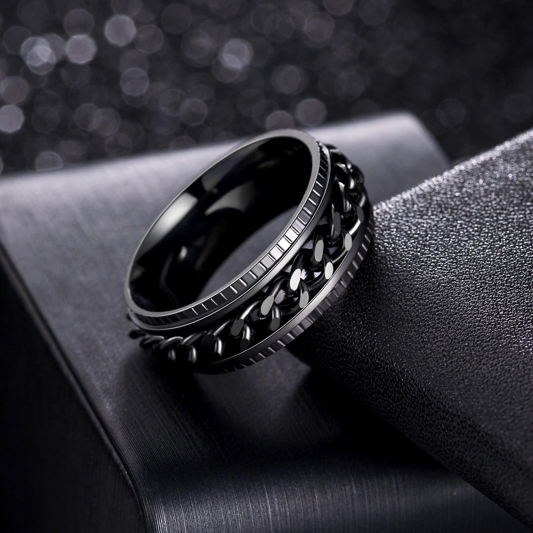 Udolfly Men's Fidget Spinner Ring – Titanium Stainless Steel Chain Ring for Anxiety Relief, 8mm Wide, Size 5-14