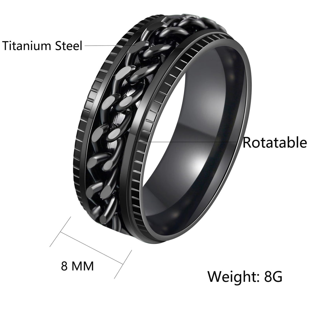 Udolfly Men's Fidget Spinner Ring – Titanium Stainless Steel Chain Ring for Anxiety Relief, 8mm Wide, Size 5-14