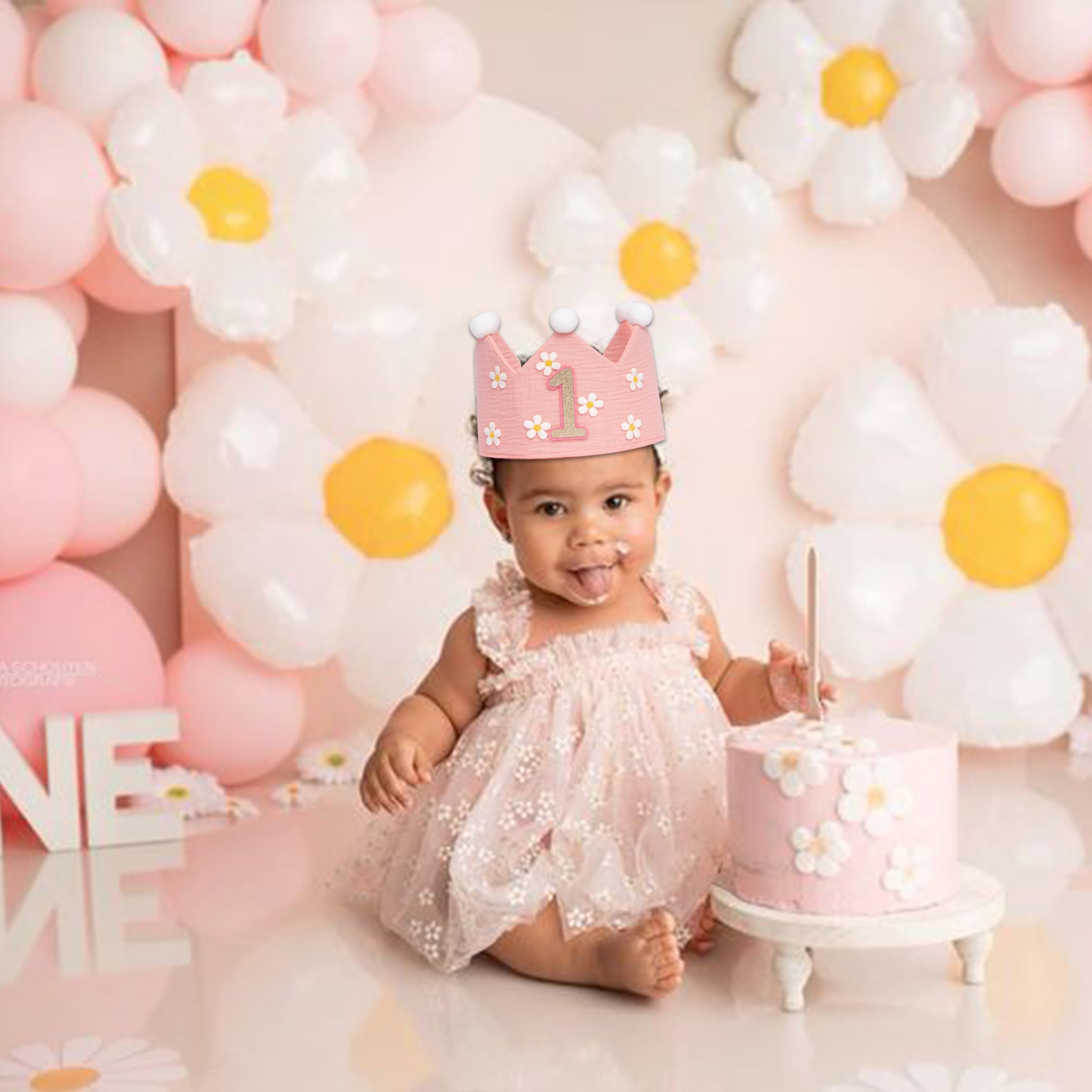 UDOTE Pink Muslin Crown Hat for Baby's First Birthday – Unisex Party Headwear for Boys or Girls