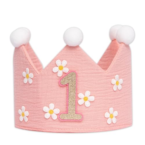 UDOTE Pink Muslin Crown Hat for Baby's First Birthday – Unisex Party Headwear for Boys or Girls
