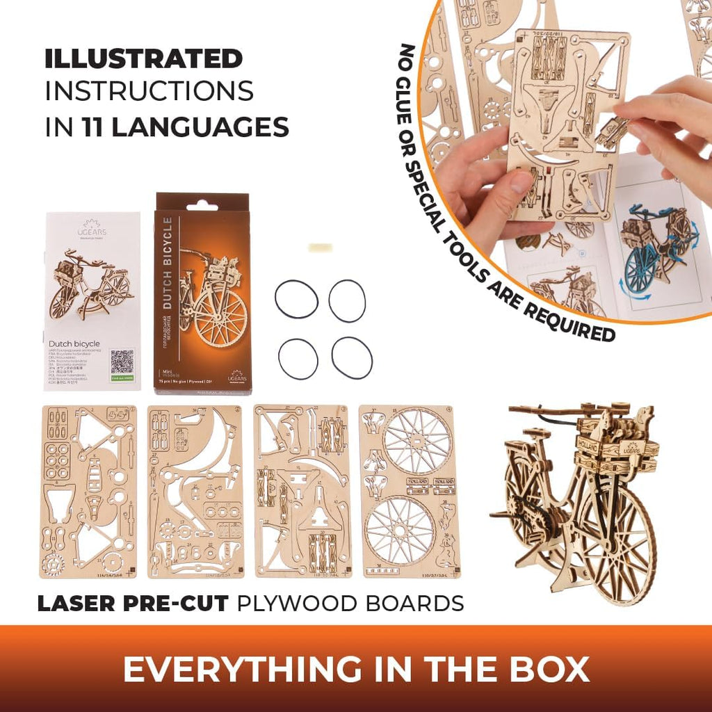 UGEARS Dutch Bicycle 3D Wooden Puzzle – 1:1850 Scale Model Kit for Adults