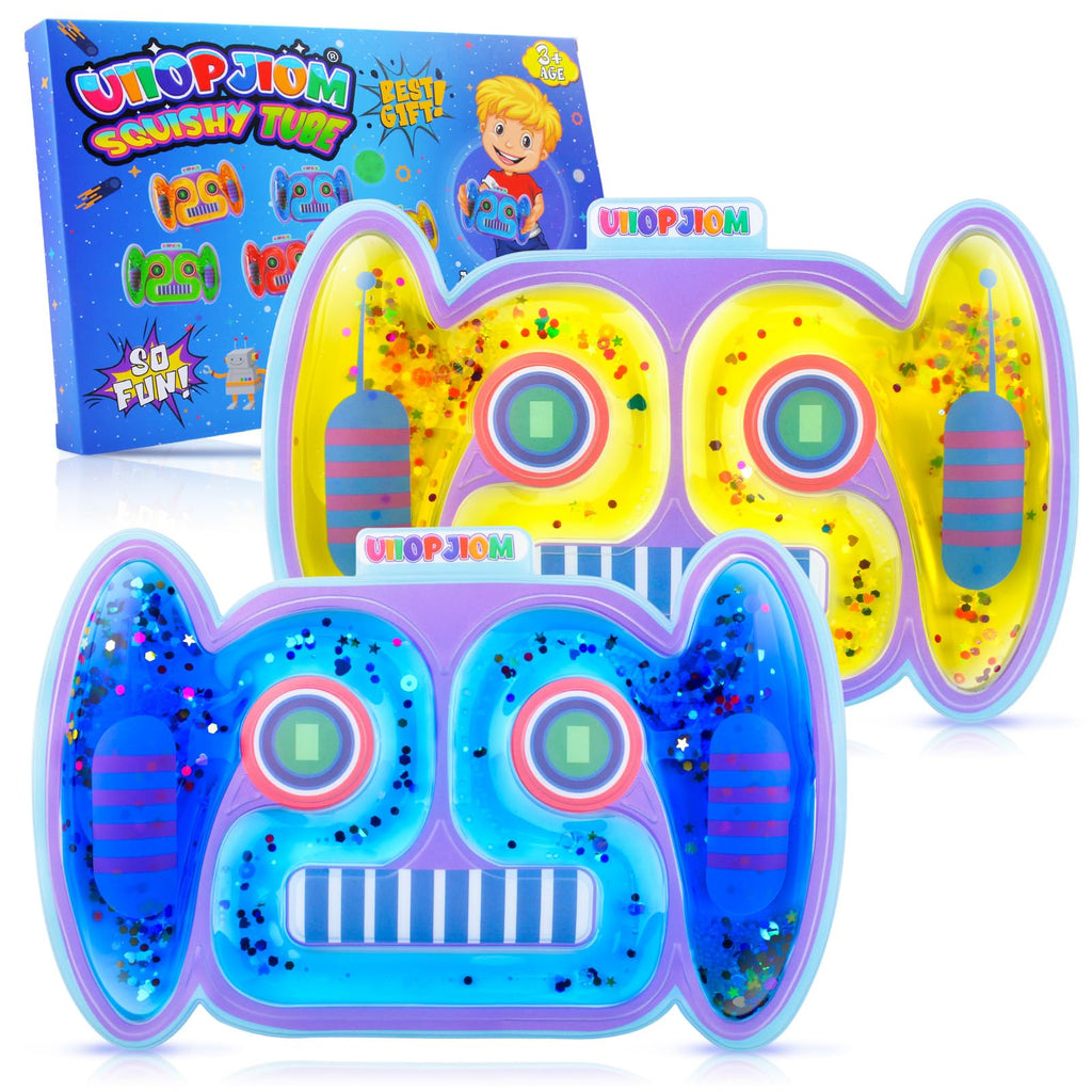 UIIOPJIOM 2-Pack Robot Fidget Tubes – Sensory Squishy Toys for Autism, ADHD, Travel & Easter Baskets (Blue & Yellow)