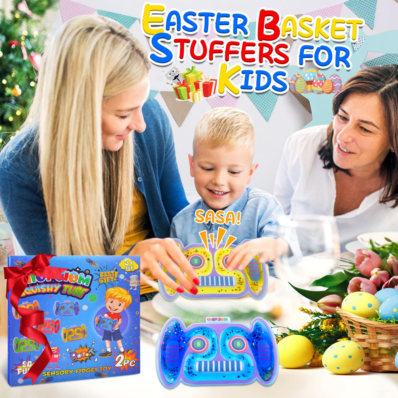 UIIOPJIOM 2-Pack Robot Fidget Tubes – Sensory Squishy Toys for Autism, ADHD, Travel & Easter Baskets (Blue & Yellow)