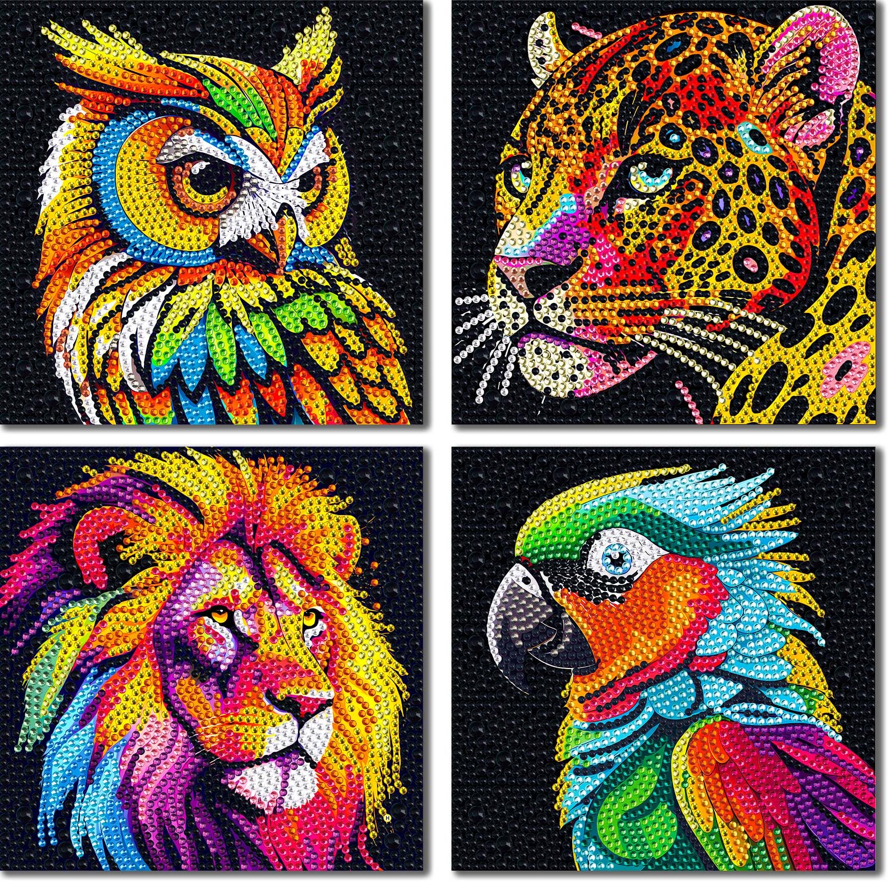 UiSdfuy 4-Pack Diamond Art Kits for Kids – Lion, Owl, Leopard, Parrot (6x6 Inches)