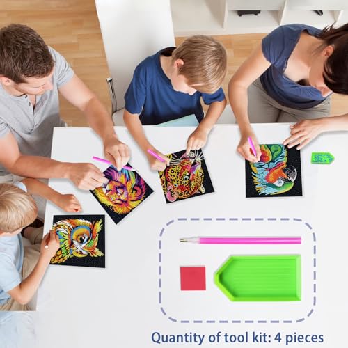 UiSdfuy 4-Pack Diamond Art Kits for Kids – Lion, Owl, Leopard, Parrot (6x6 Inches)