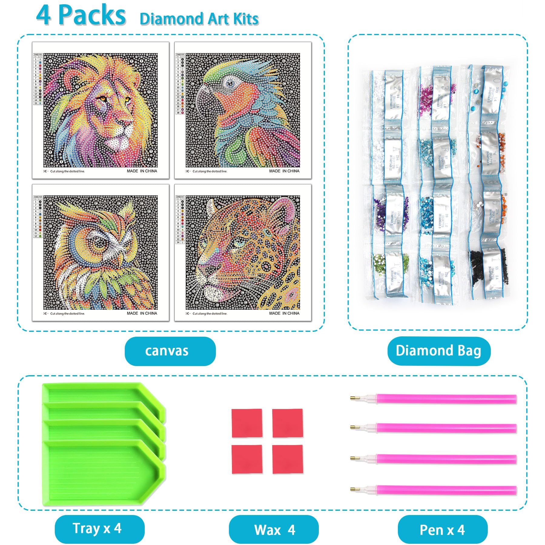UiSdfuy 4-Pack Diamond Art Kits for Kids – Lion, Owl, Leopard, Parrot (6x6 Inches)