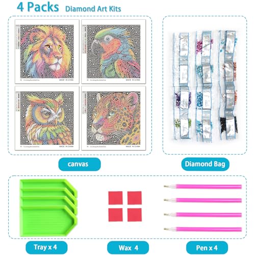 UiSdfuy 4-Pack Diamond Art Kits for Kids – Lion, Owl, Leopard, Parrot (6x6 Inches)