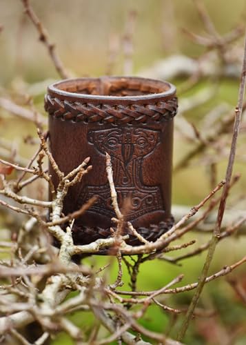 Ulfberth Viking Dice Cup – Genuine Leather Embossed Thor's Hammer Design, Brown