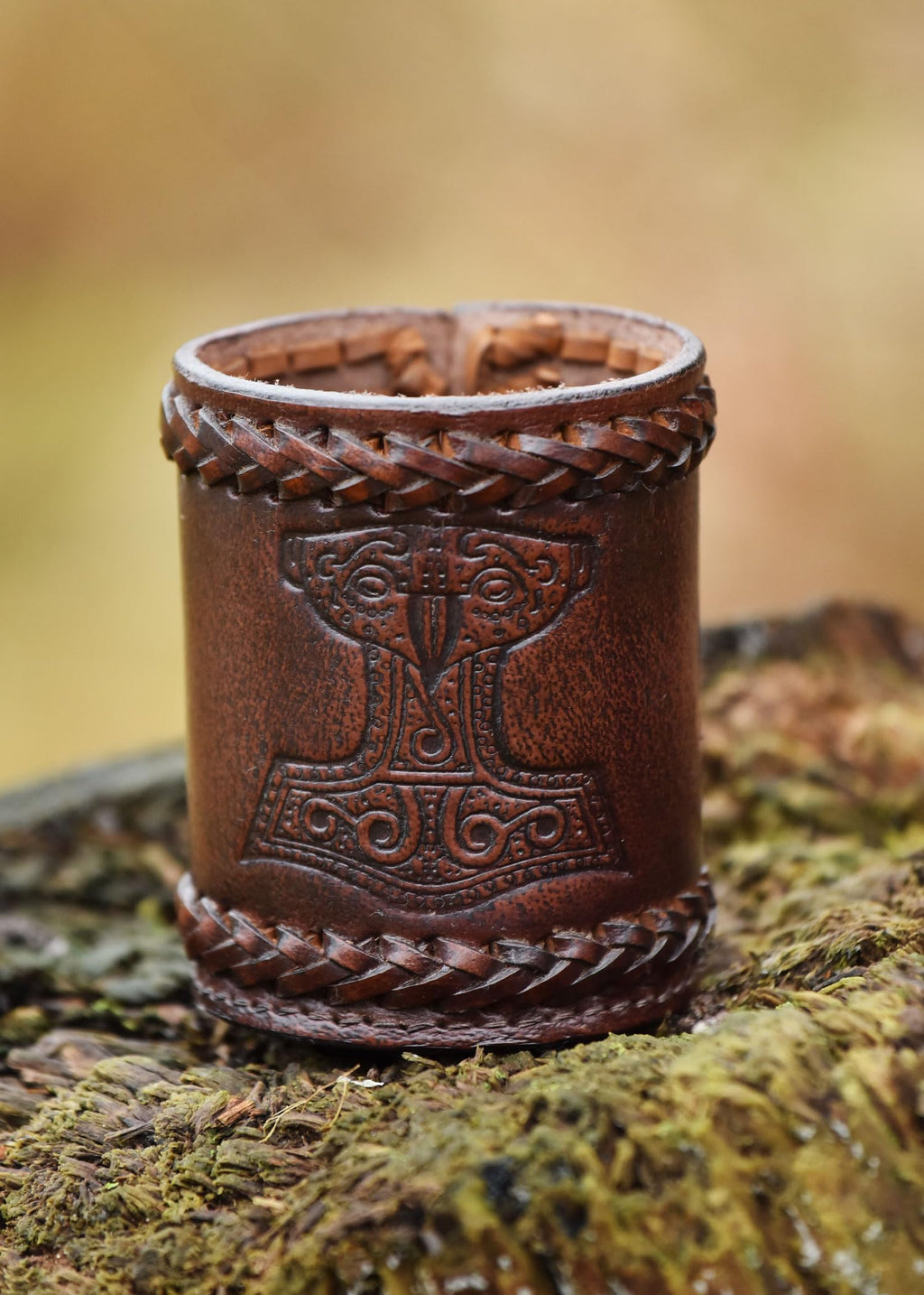 Ulfberth Viking Dice Cup – Genuine Leather Embossed Thor's Hammer Design, Brown
