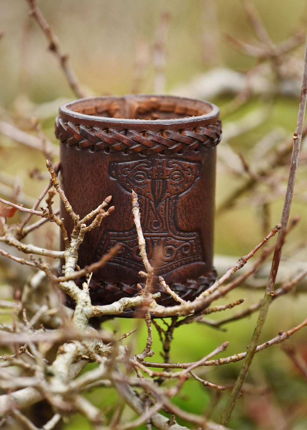 Ulfberth Viking Dice Cup – Genuine Leather Embossed Thor's Hammer Design, Brown