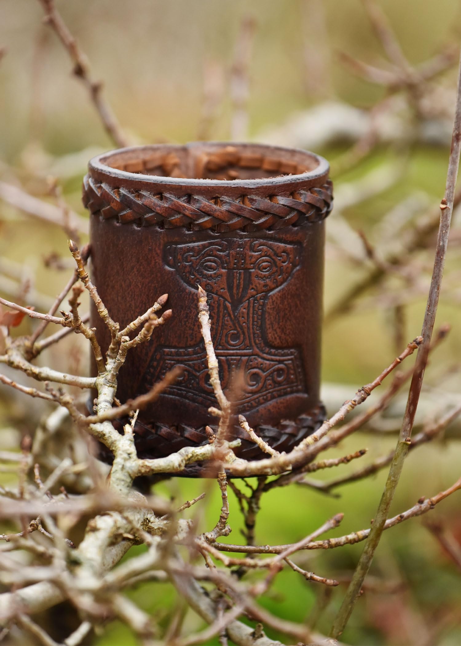 Ulfberth Viking Dice Cup – Genuine Leather Embossed Thor's Hammer Design, Brown
