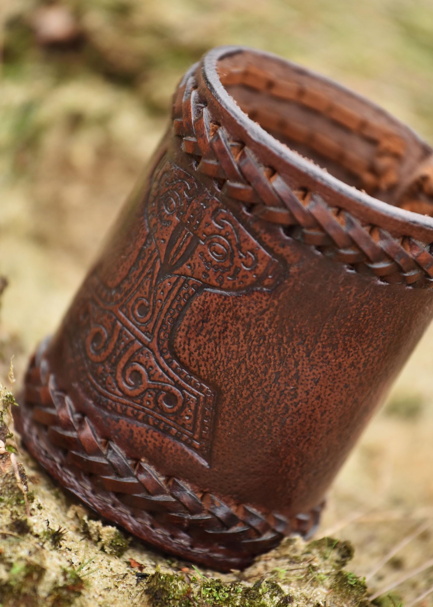 Ulfberth Viking Dice Cup – Genuine Leather Embossed Thor's Hammer Design, Brown