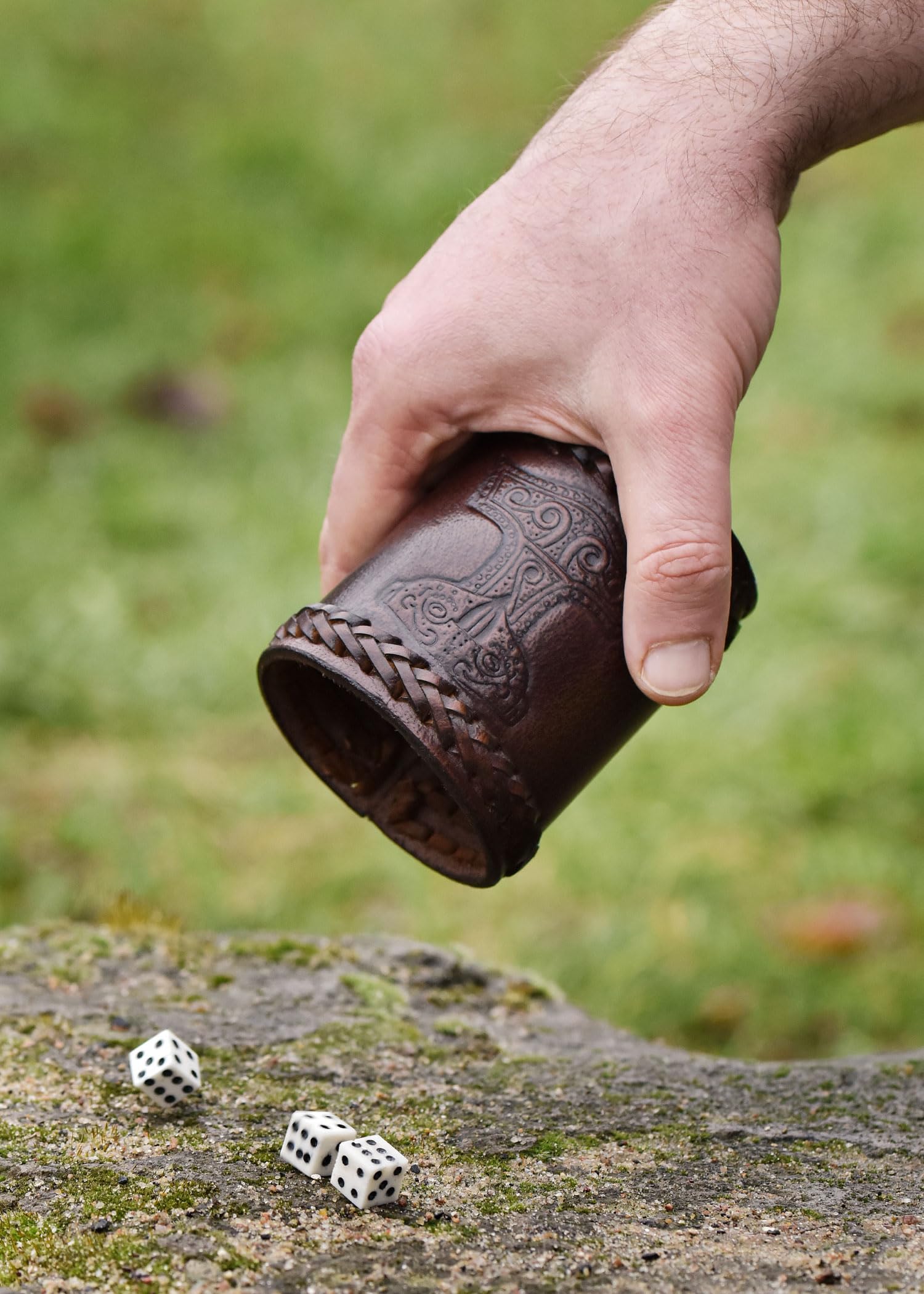 Ulfberth Viking Dice Cup – Genuine Leather Embossed Thor's Hammer Design, Brown