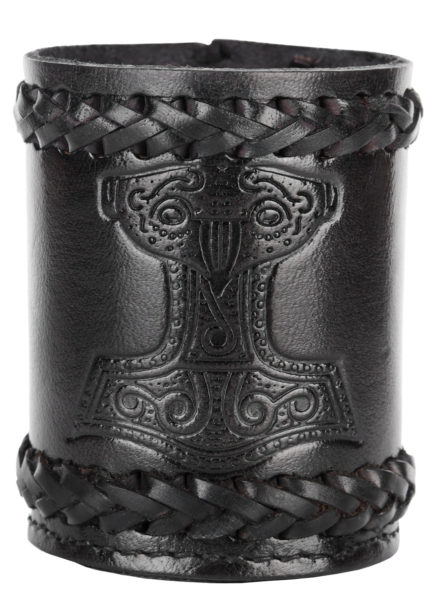 Ulfberth Viking Dice Cup – Genuine Leather with Embossed Thor’s Hammer Motif (Black)