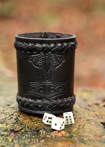 Ulfberth Viking Dice Cup – Genuine Leather with Embossed Thor’s Hammer Motif (Black)