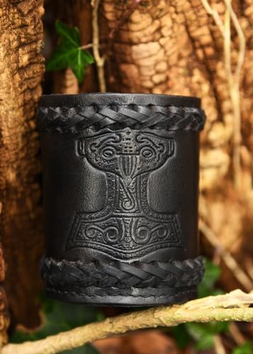 Ulfberth Viking Dice Cup – Genuine Leather with Embossed Thor’s Hammer Motif (Black)