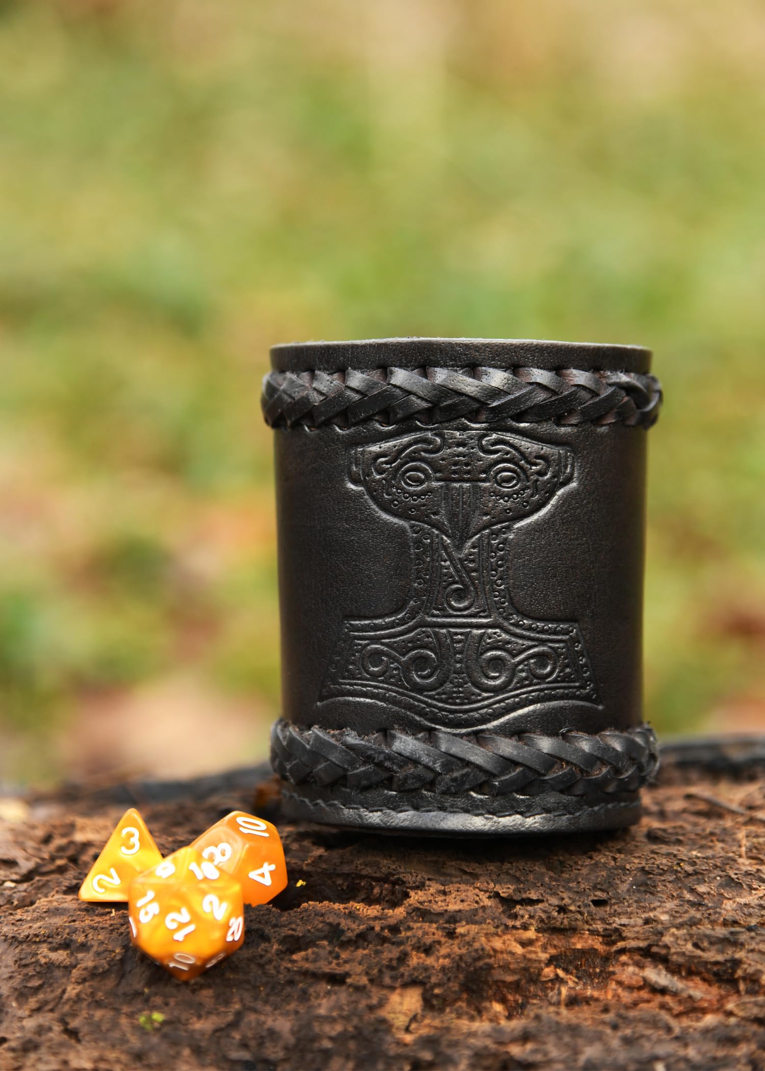 Ulfberth Viking Dice Cup – Genuine Leather with Embossed Thor’s Hammer Motif (Black)