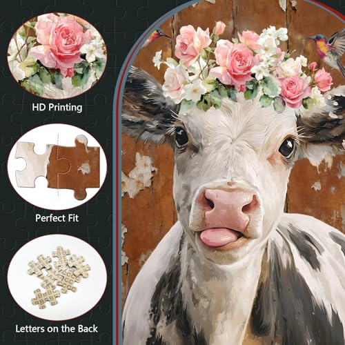 Ulord 300-Piece Jigsaw Puzzle: Rustic Cow with Hummingbirds and Floral Wreath – Fun for Adults and Family Decor