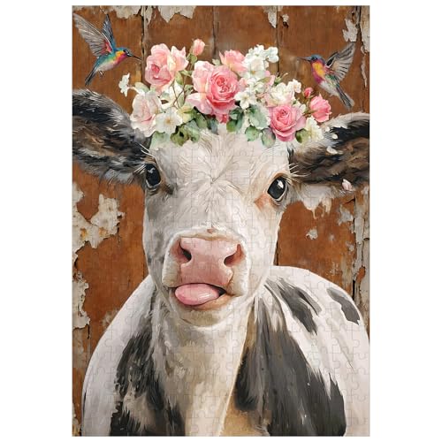 Ulord 300-Piece Jigsaw Puzzle: Rustic Cow with Hummingbirds and Floral Wreath – Fun for Adults and Family Decor