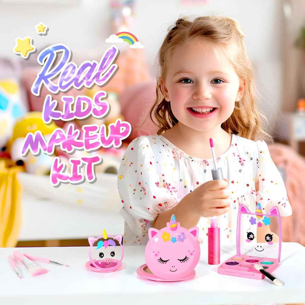 ULOVEME Kids Washable Makeup Kit for Girls 4-6 with Pink Coin Purse – Non-Toxic Real Makeup Toy