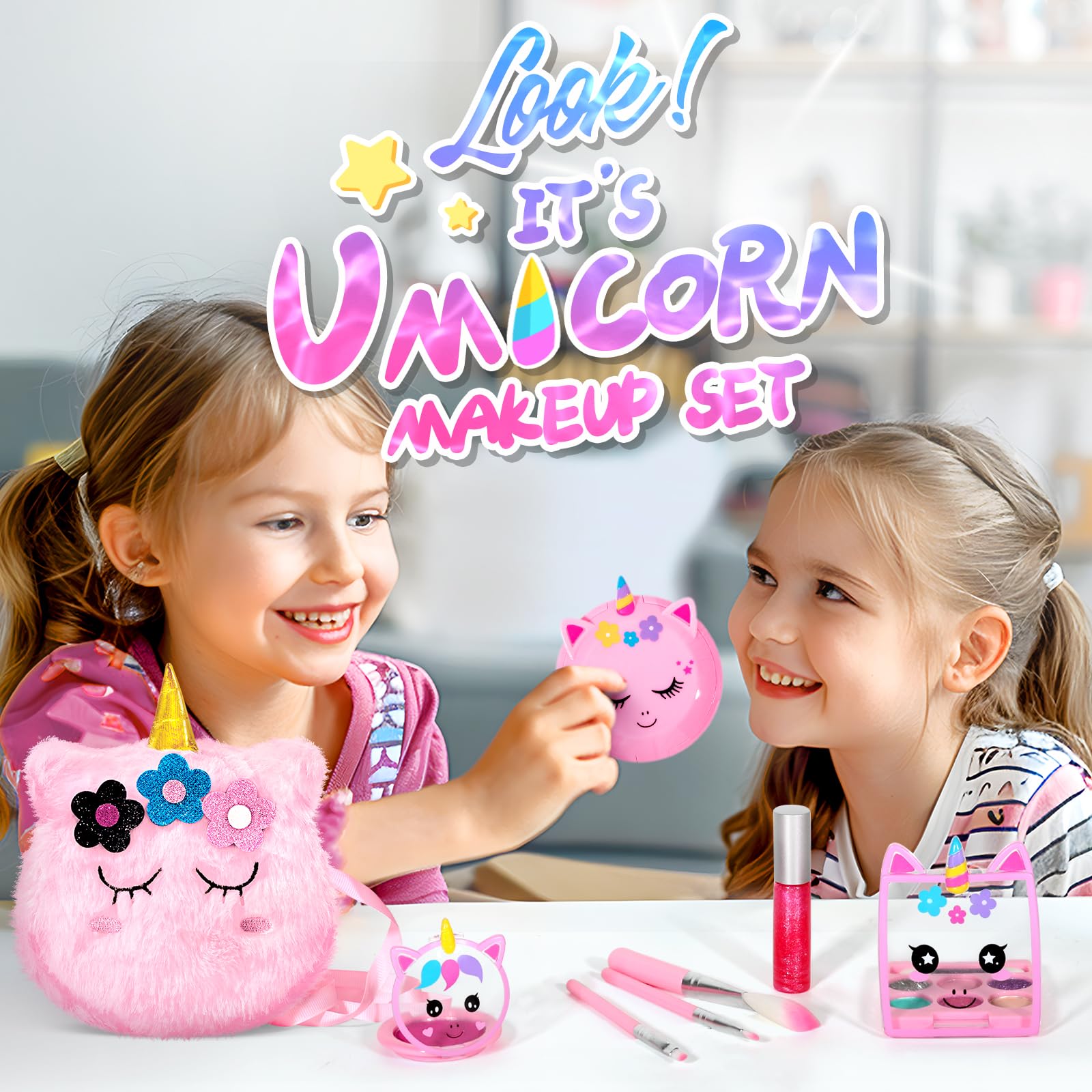 ULOVEME Kids Washable Makeup Kit for Girls 4-6 with Pink Coin Purse – Non-Toxic Real Makeup Toy