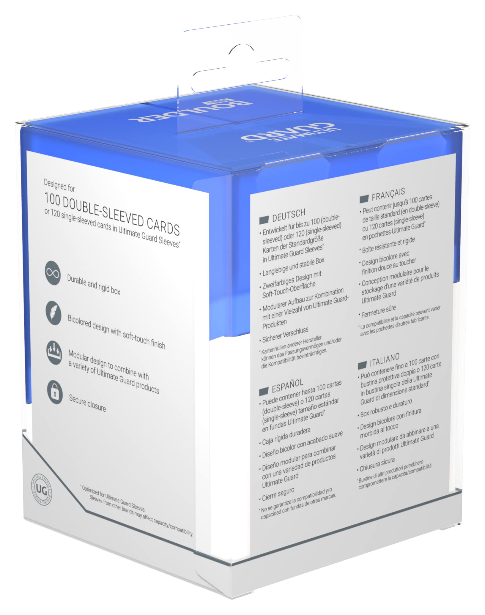Ultimate Guard Boulder Synergy 100+ Deck Case - White/Blue - Holds 100 Double-Sleeved Cards - Secure Plastic Storage