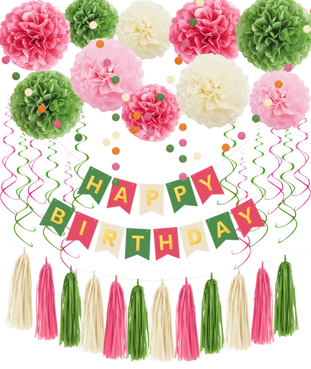Umgozrz Pink and Green Birthday Decorations Kit – Tissue Paper Pom Poms, Banner, Tassels, Garland & Swirls