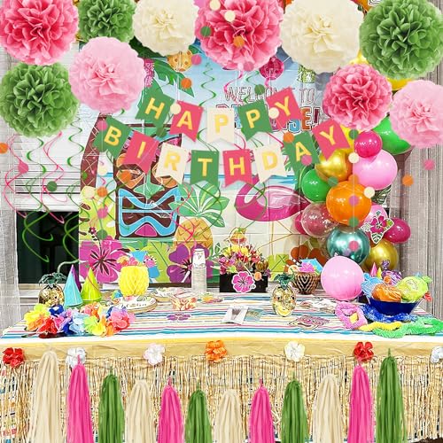 Umgozrz Pink and Green Birthday Decorations Kit – Tissue Paper Pom Poms, Banner, Tassels, Garland & Swirls