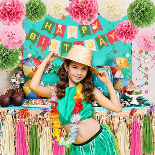 Umgozrz Pink and Green Birthday Decorations Kit – Tissue Paper Pom Poms, Banner, Tassels, Garland & Swirls
