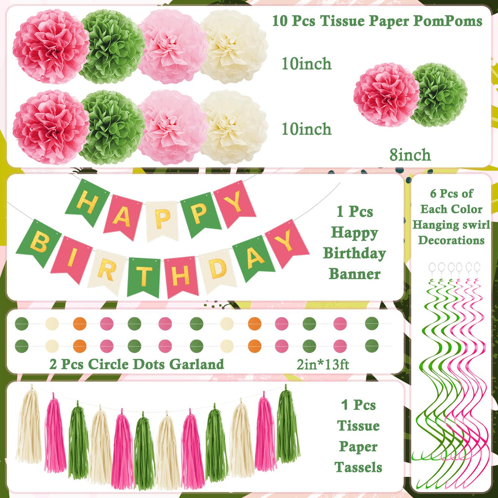 Umgozrz Pink and Green Birthday Decorations Kit – Tissue Paper Pom Poms, Banner, Tassels, Garland & Swirls