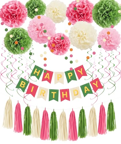Umgozrz Pink and Green Birthday Decorations Kit – Tissue Paper Pom Poms, Banner, Tassels, Garland & Swirls