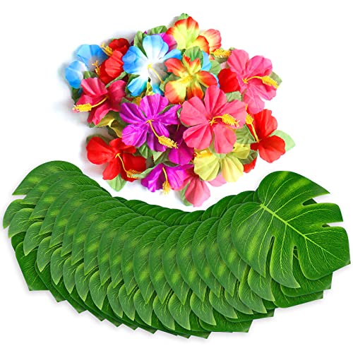 UMIKU 60-Piece Tropical Party Decorations Set: 36 Palm Leaves & 24 Hibiscus Flowers for Hawaiian Luau, Jungle, or Beach Theme Parties