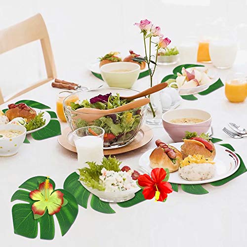 UMIKU 60-Piece Tropical Party Decorations Set: 36 Palm Leaves & 24 Hibiscus Flowers for Hawaiian Luau, Jungle, or Beach Theme Parties