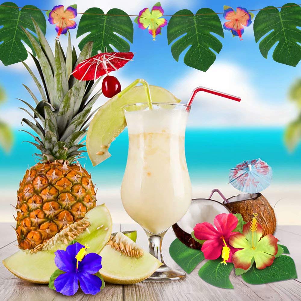 UMIKU 60-Piece Tropical Party Decorations Set: 36 Palm Leaves & 24 Hibiscus Flowers for Hawaiian Luau, Jungle, or Beach Theme Parties