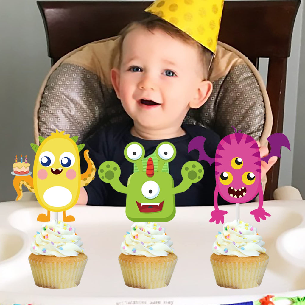 umoni 36-Piece Little Monster Cupcake Toppers – Pre-Assembled, 18 Designs, Green Theme for Baby Shower & Birthday Parties