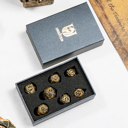 Unbeaten 7-Piece Meteorite Metal Dice Set for D&D – RPG Polyhedral Dice with Storage Box