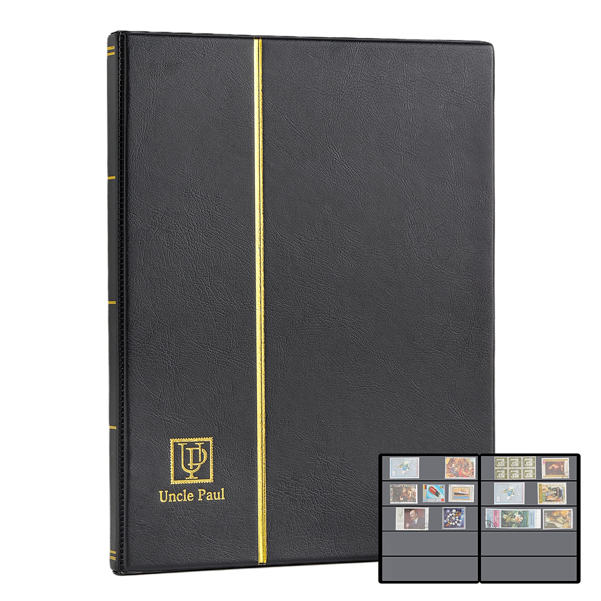 Uncle Paul 100-Pocket Stamp Album – Black Leatherette Cover, Acid-Free Pages, 50x197mm Sleeves for Postage Stamps & Paper Money