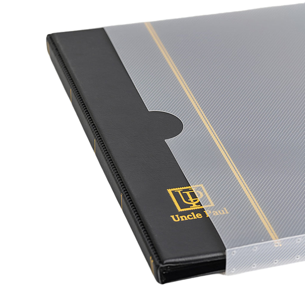 Uncle Paul 100-Pocket Stamp Album – Black Leatherette Cover, Acid-Free Pages, 50x197mm Sleeves for Postage Stamps & Paper Money