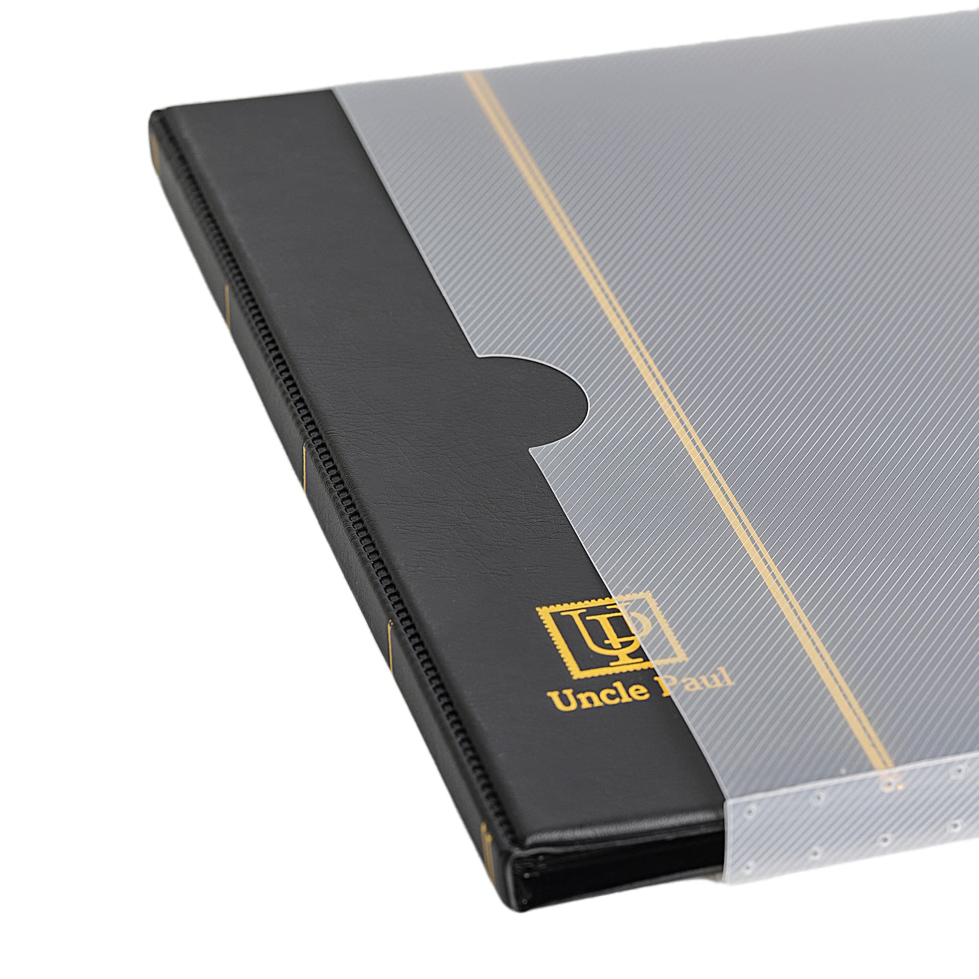 Uncle Paul 100-Pocket Stamp Album – Black Leatherette Cover, Acid-Free Pages, 50x197mm Sleeves for Postage Stamps & Paper Money