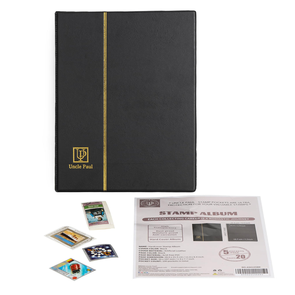 Uncle Paul 100-Pocket Stamp Album – Black Leatherette Cover, Acid-Free Pages, 50x197mm Sleeves for Postage Stamps & Paper Money