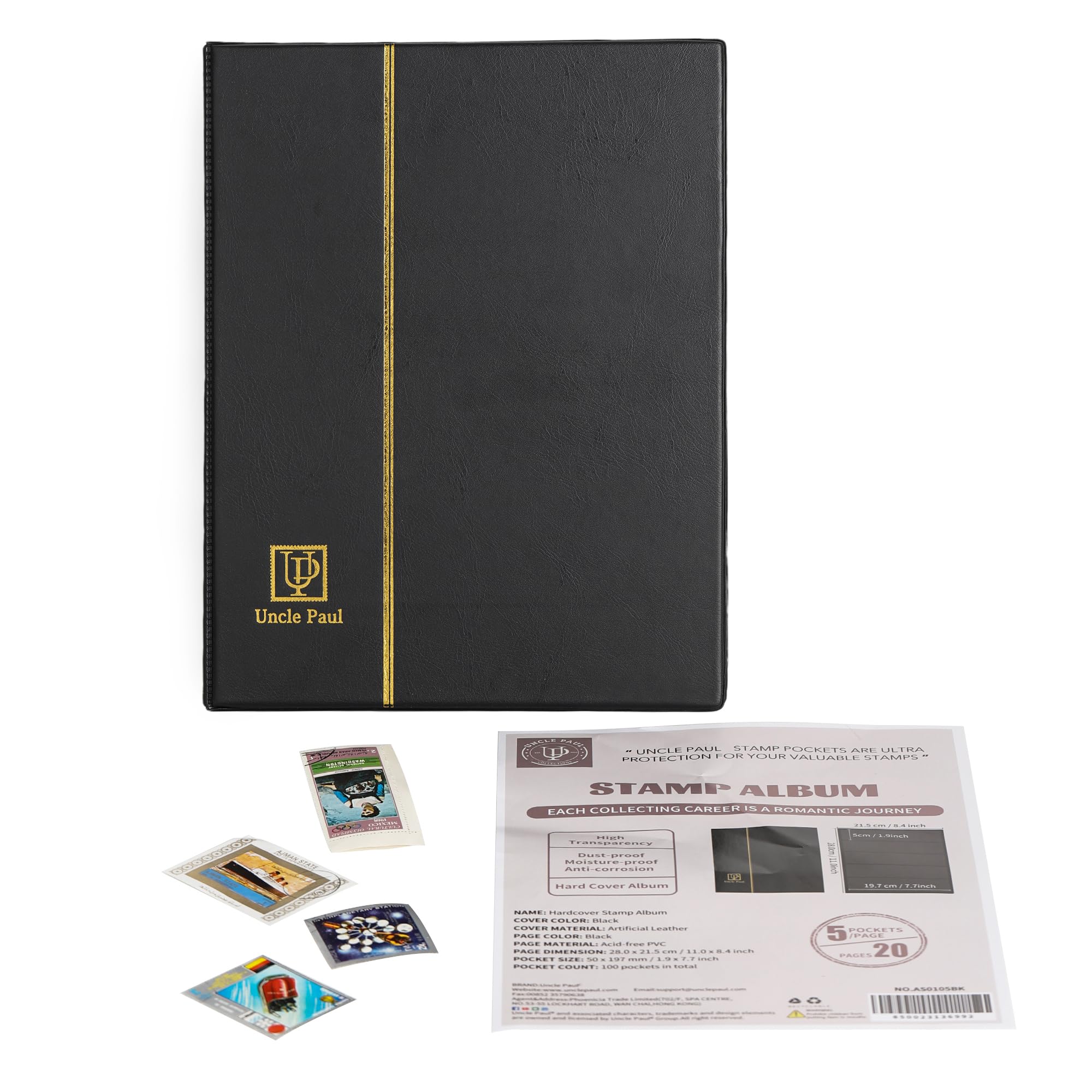 Uncle Paul 100-Pocket Stamp Album – Black Leatherette Cover, Acid-Free Pages, 50x197mm Sleeves for Postage Stamps & Paper Money