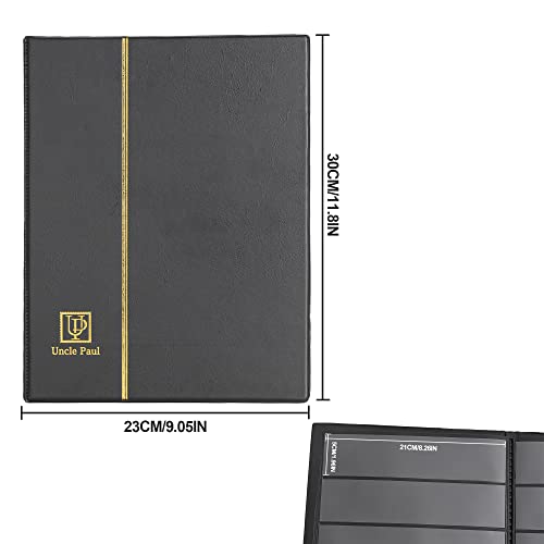 Uncle Paul 100-Pocket Stamp Album – Black Leatherette Cover, Acid-Free Pages, 50x197mm Sleeves for Postage Stamps & Paper Money