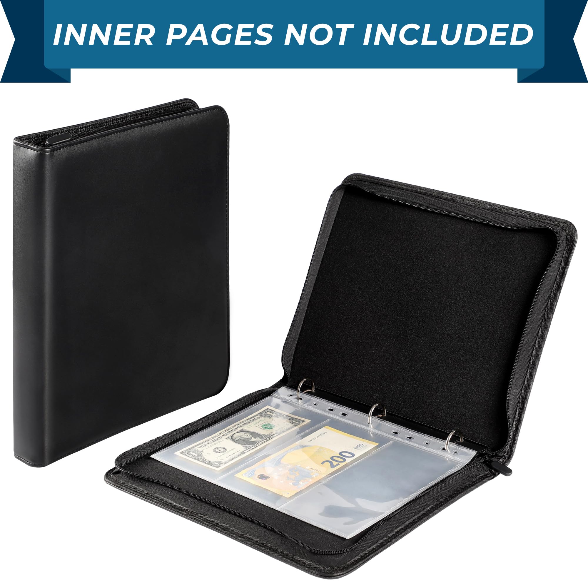 Uncle Paul Black Leather Zipper Binder for Coins, Stamps & Banknotes – 3/7/9/11-Hole Compatible