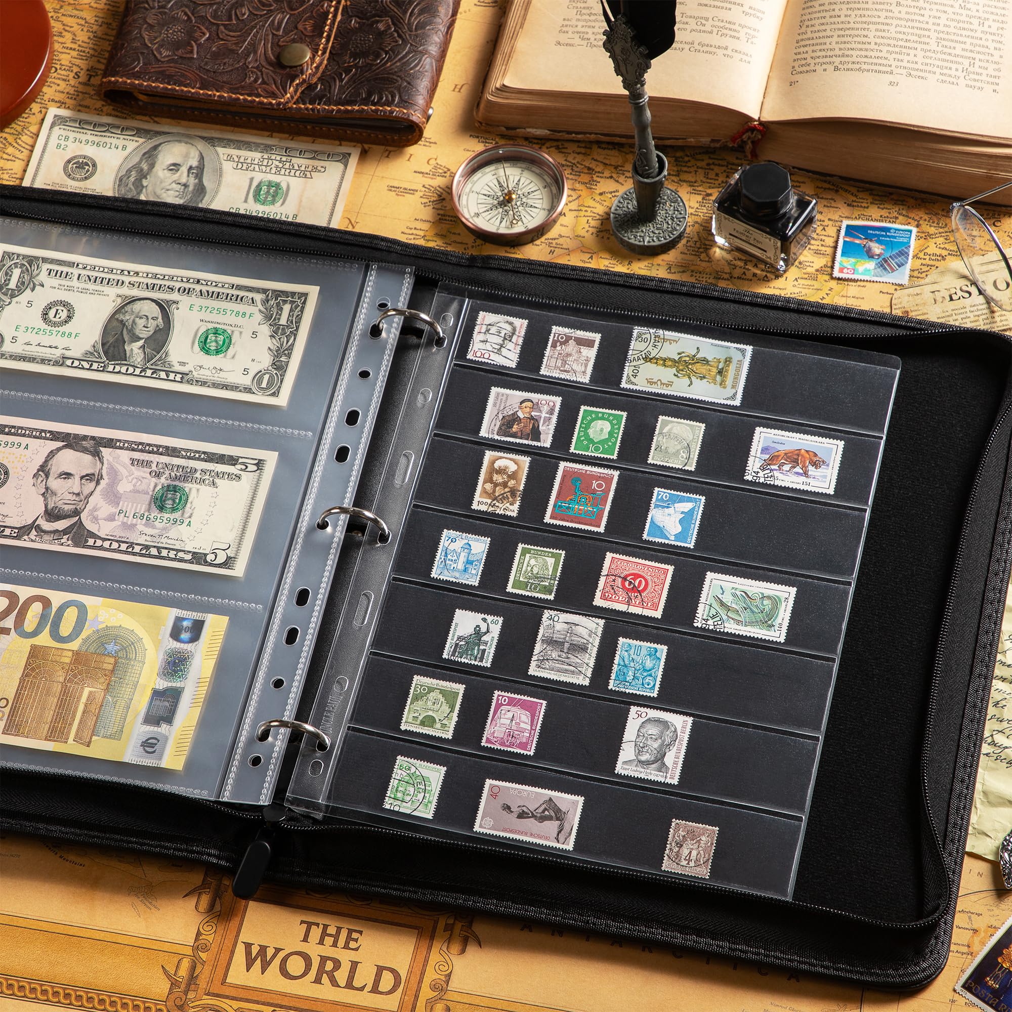 Uncle Paul Black Leather Zipper Binder for Coins, Stamps & Banknotes – 3/7/9/11-Hole Compatible