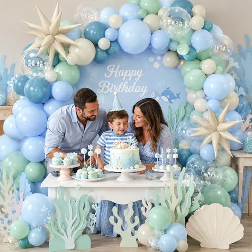 Under the Sea Balloon Arch Garland Kit – Dusty Blue, Pastel Green, Sand White & Star Foil Balloons for Ocean Birthday or Baby Shower